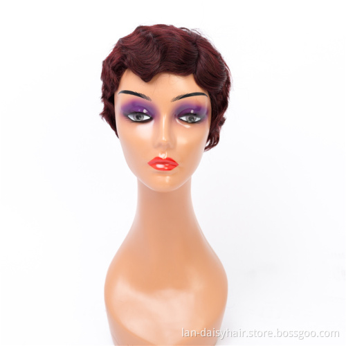 Sweet and cute glueless  Finger wave pixie for black women straight wave women's short machine made human hair wig